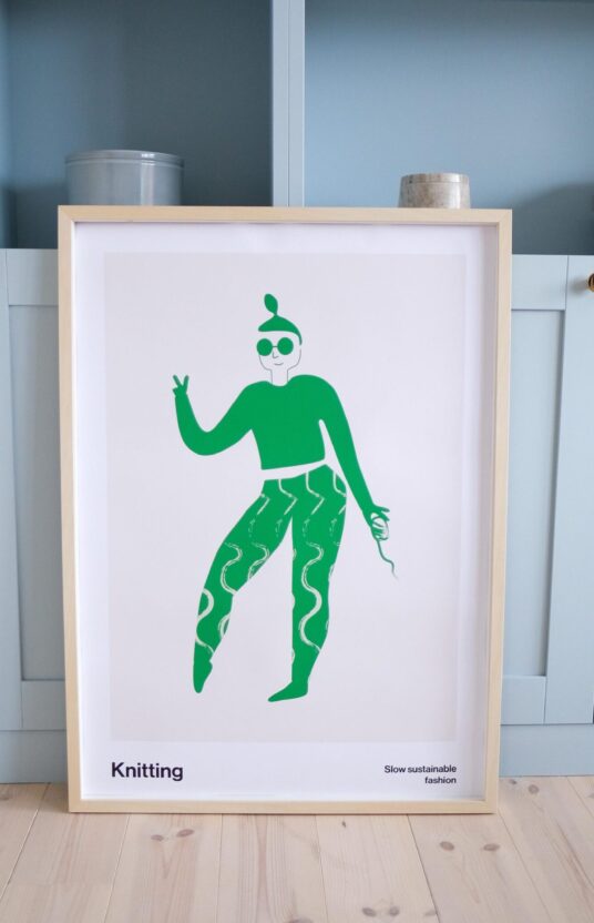 175072-Knitting-Art-poster-gronn - HipKnitShop plakat illustrasjon dame tegnet