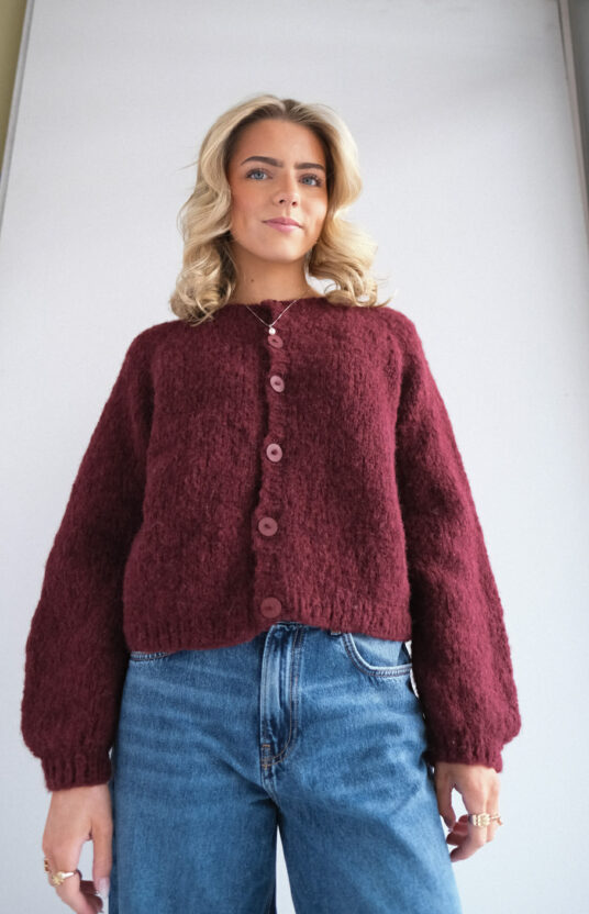 strikkejakke med stripe strikkeoppskrift. Cardigan til dame strikket ovenfra og ned. Knitting pattern womens cardigan knitted top down with stripes in bonbon brushed alpaca