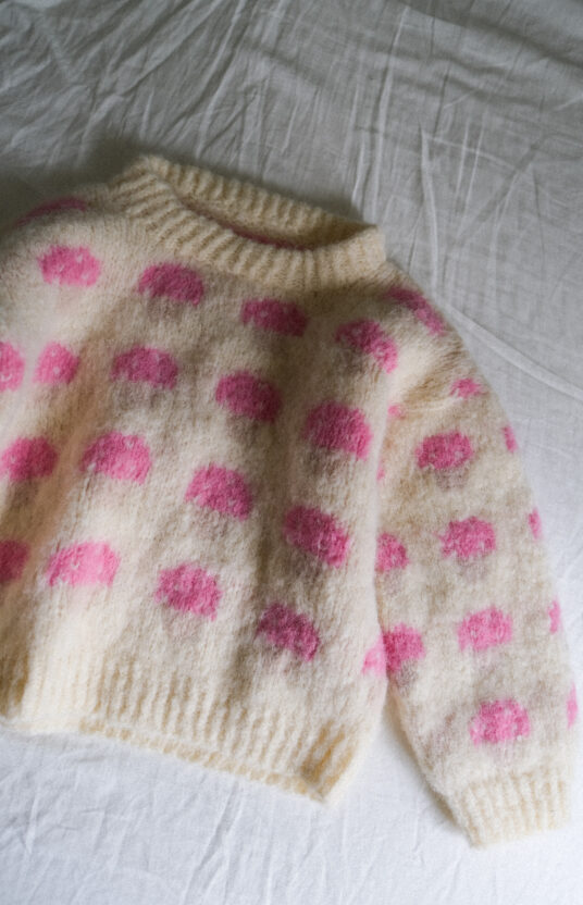 strikkeoppskrift genser med sopp. Genser jente og gutt med sopp. Enkel strikkeoppskrift barn børstet alpakka. Knitted sweater with mushroom pattern and yarn. kids mushroom sweater knitting pattern