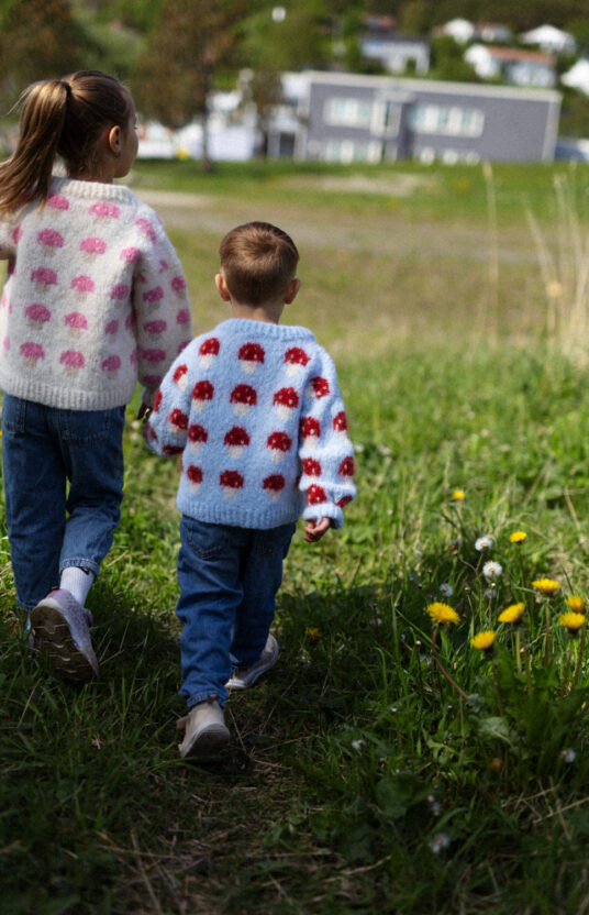 strikkeoppskrift genser med sopp. Genser jente og gutt med sopp. Enkel strikkeoppskrift barn børstet alpakka. Knitted sweater with mushroom pattern and yarn. kids mushroom sweater knitting pattern