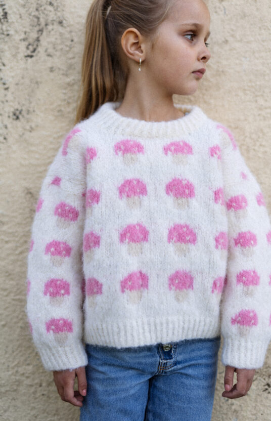 strikkeoppskrift genser med sopp. Genser jente og gutt med sopp. Enkel strikkeoppskrift barn børstet alpakka. Knitted sweater with mushroom pattern and yarn. kids mushroom sweater knitting pattern