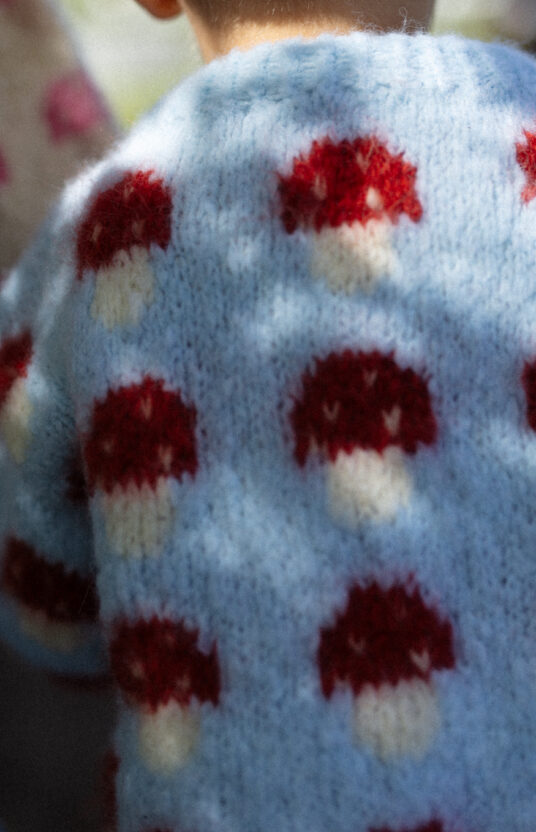 strikkeoppskrift genser med sopp. Genser jente og gutt med sopp. Enkel strikkeoppskrift barn børstet alpakka. Knitted sweater with mushroom pattern and yarn. kids mushroom sweater knitting pattern